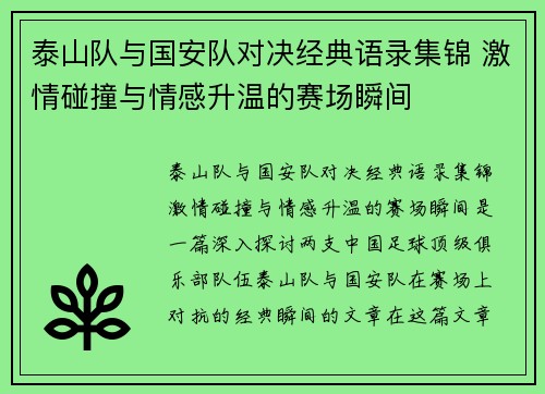 泰山队与国安队对决经典语录集锦 激情碰撞与情感升温的赛场瞬间